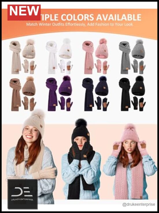 Alpaca Wool Winter Hat Scarf Gloves Set, Fleece Lined Beanie Touchscreen Gloves